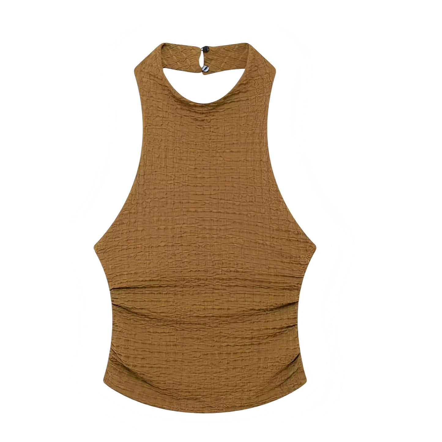 Brown Slim Fit Textured Backless Halter Tank Top