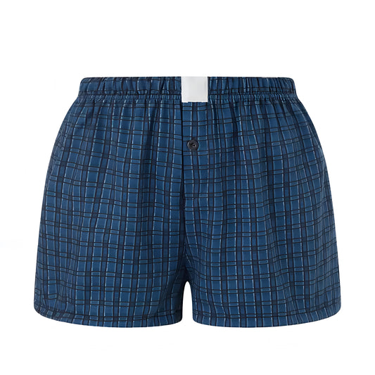 Navy Blue Plaid Low-Rise Linen Shorts