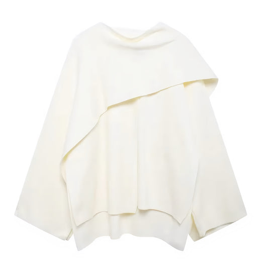 Cream White Knit Woolen Oversized Irregular Long Sleeve Pullover Cloak Sweater