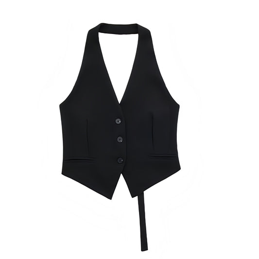 Black Slim Fit Backless Halter Vest Top