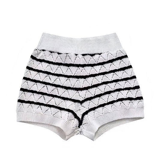 Black & White Striped Knit Crochet Mid-Rise Shorts