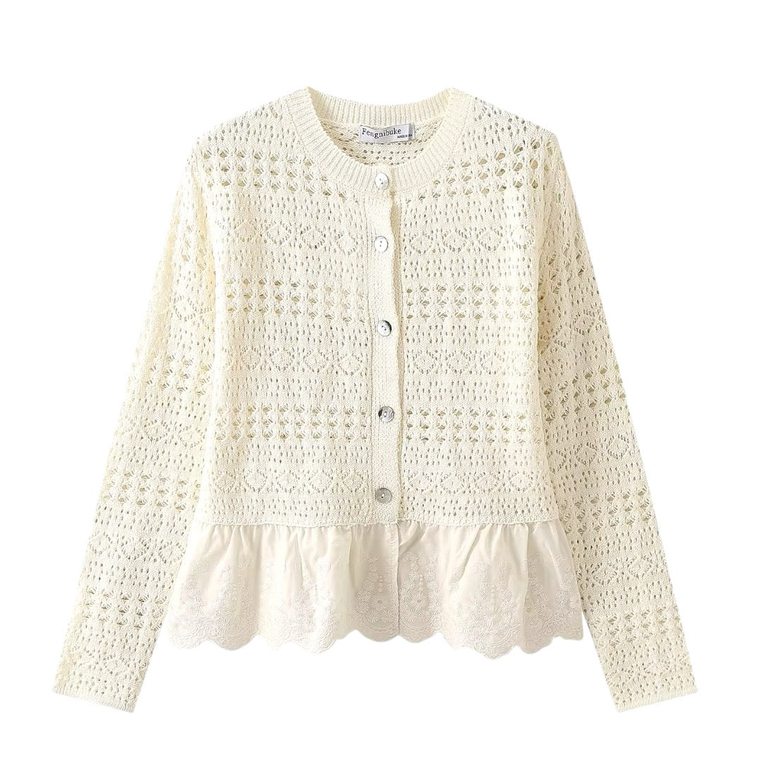 Ivory White Eyelet Embroidered Crochet Long Sleeve Cardigan Top