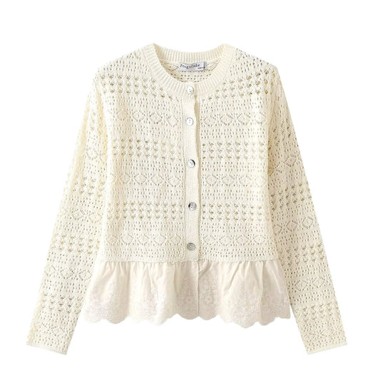 Ivory White Eyelet Embroidered Crochet Long Sleeve Cardigan Top