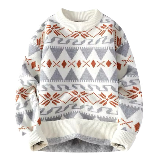 White Knit Geometric Snowflake Long Sleeve Pullover Sweater