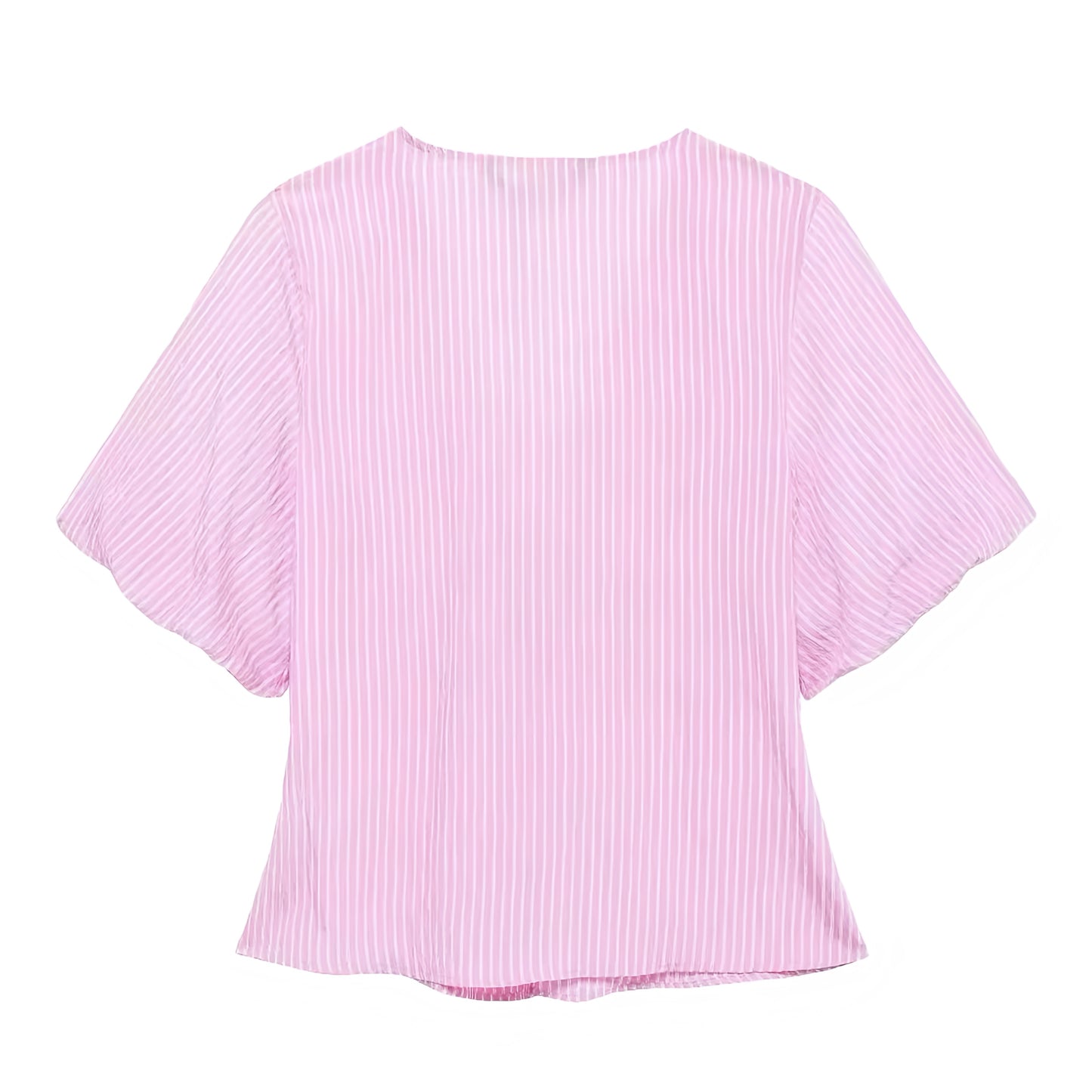 Light Pink Striped Bow Lace-Up Short Sleeve Blouse Top