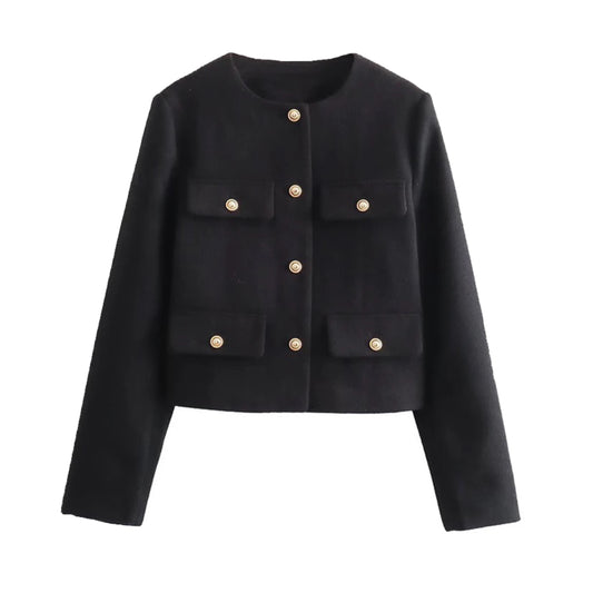Black Tweed Gold Button Cropped Overcoat