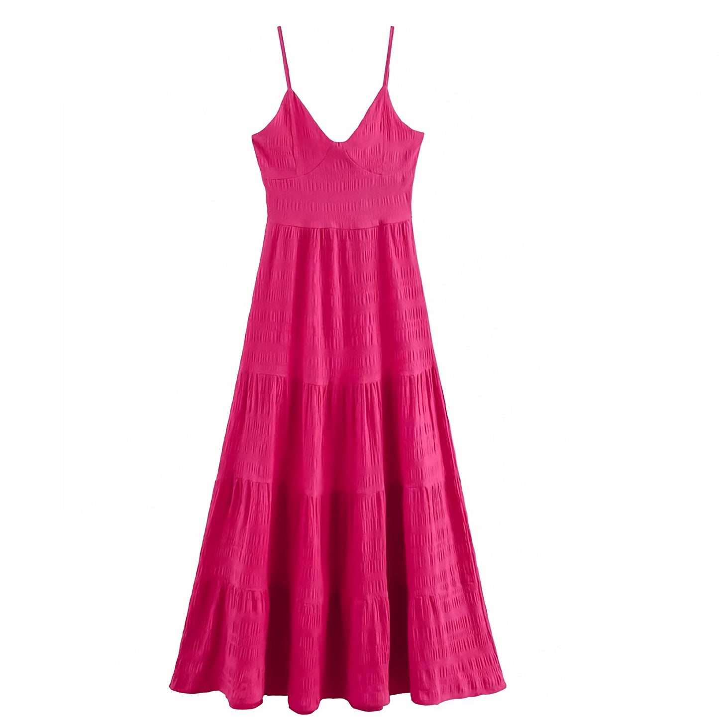 Hot Pink Slim Fit Spaghetti Strap Tiered Backless Maxi Dress