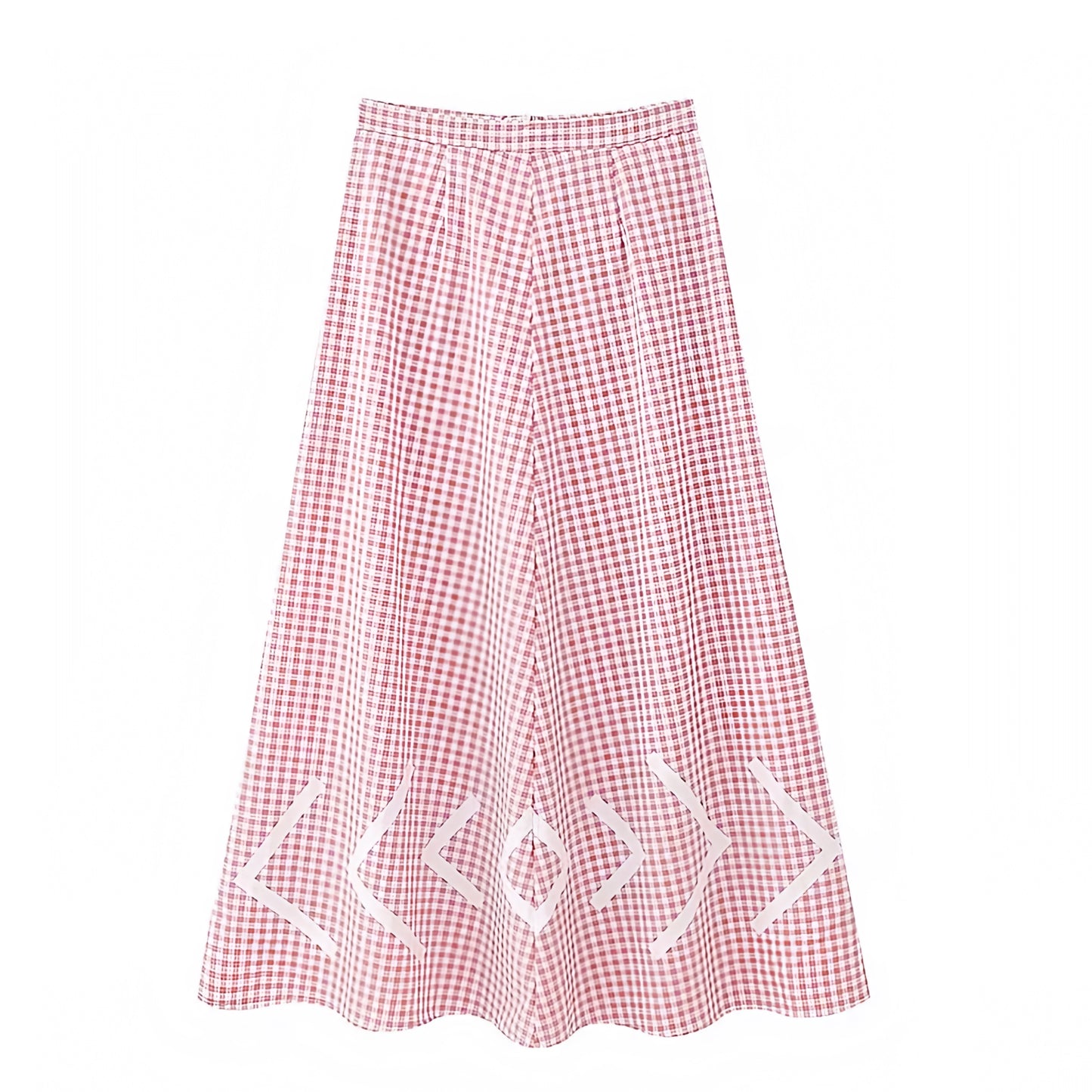 Light Pink & White Gingham Patterned Low-Rise Linen Maxi Skirt