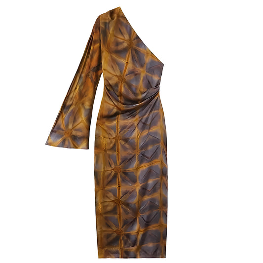 Amber Multi-Color Patterned Bodycon Asymmetric Long Sleeve Maxi Dress
