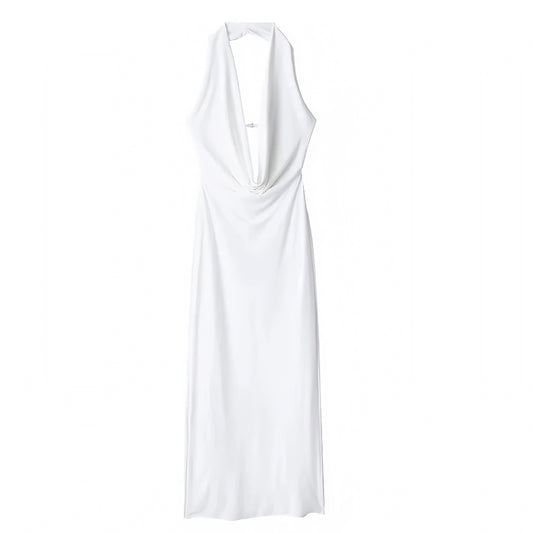 White Bodycon Draped Scoop Neck Sleeveless Halter Backless Maxi Dress