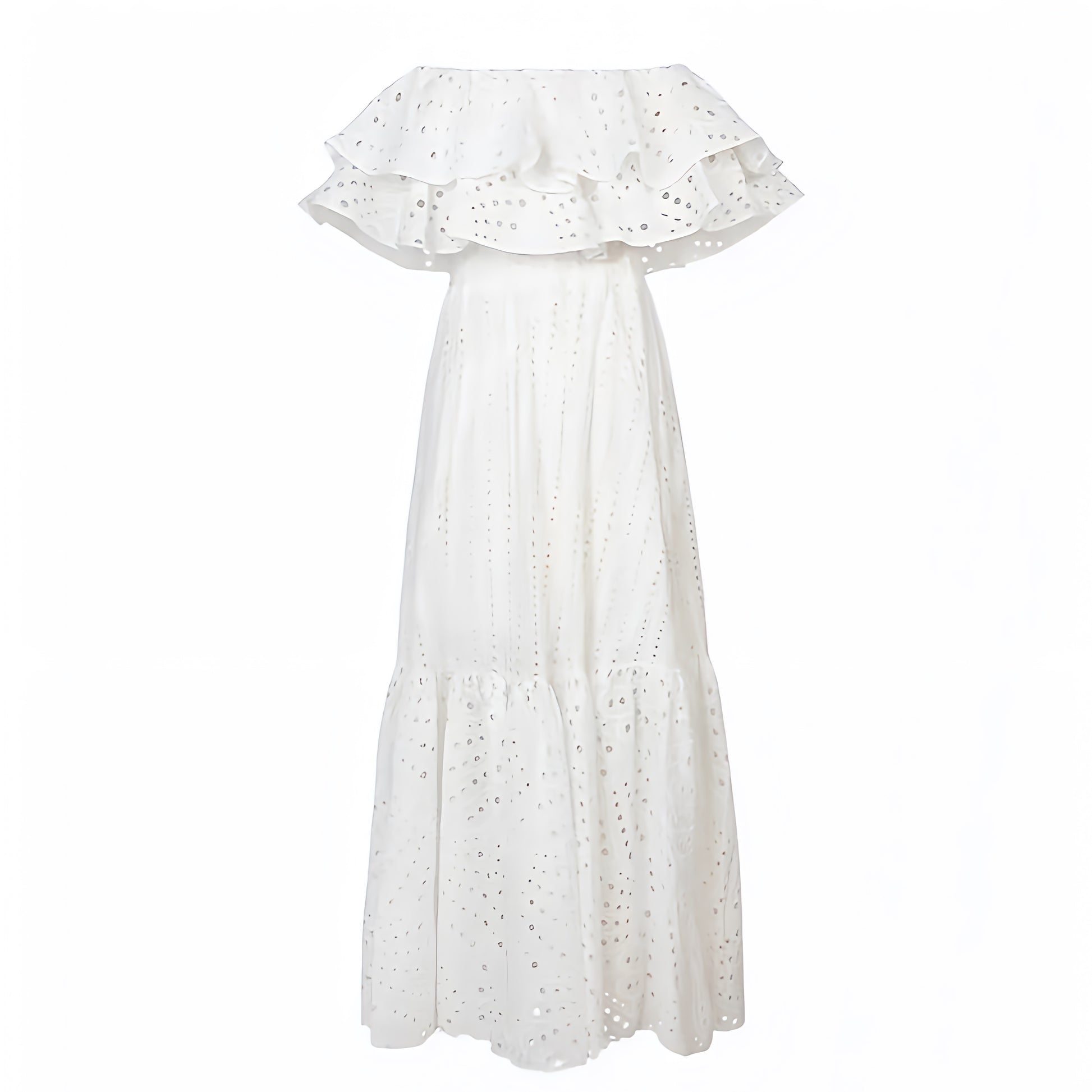 White Eyelet Embroidered Layered Ruffle Smock Off Shoulder Maxi Dress Dazey Hill White Eyelet Embroidered Layered Ruffle Smock Off Shoulder Maxi Dress Dazey Hill