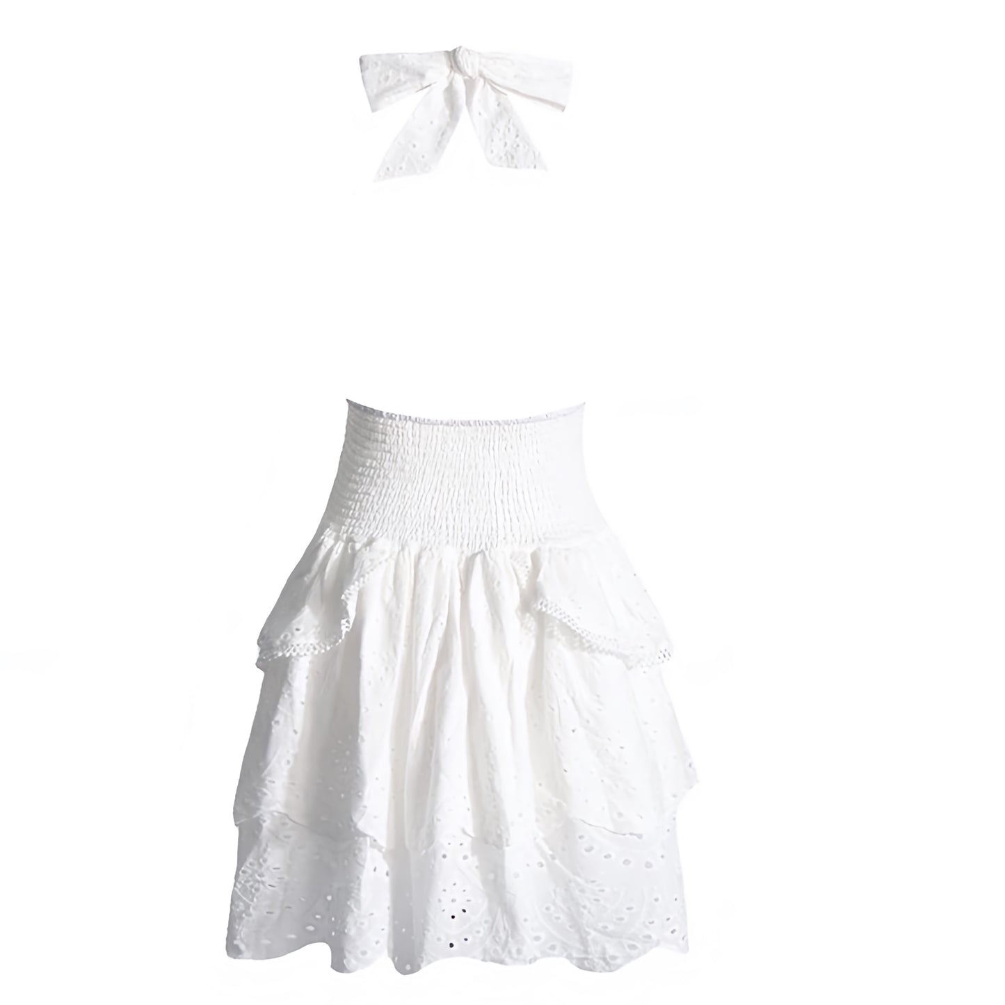 White Eyelet Embroidered Smocked Layered Ruffle Drop Waist Halter Mini Dress