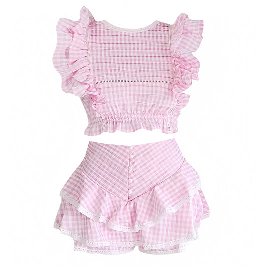 light-pink-white-gingham-checkered-plaid-striped-print-patterned-lace-embroidered-layered-ruffle-trim-slim-fitted-bodycon-fit-flare-round-neckline-short-puff-sleeve-top-blouse-and-mid-high-rise-mini-skirt-skort-two-piece-set-dress-women-ladies-chic-trendy-spring-2024-summer-elegant-casual-classy-semi-formal-feminine-prom-gala-preppy-style-wedding-guest-debutante-party-beach-wear-sundress-altard-state-revolve-loveshackfancy-hill-house-dupe