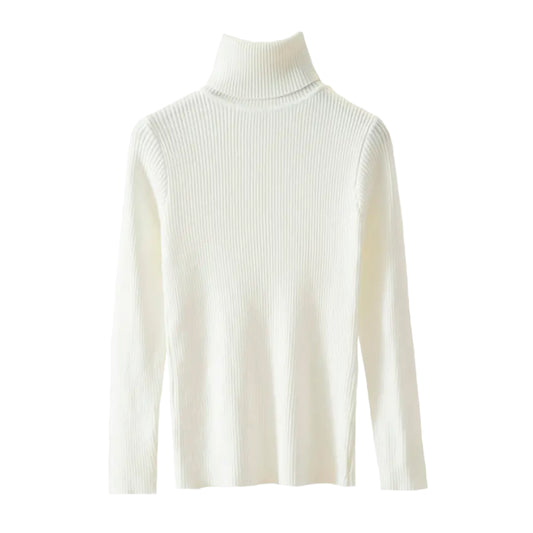 White Knit Fitted Turtleneck Sweater Top