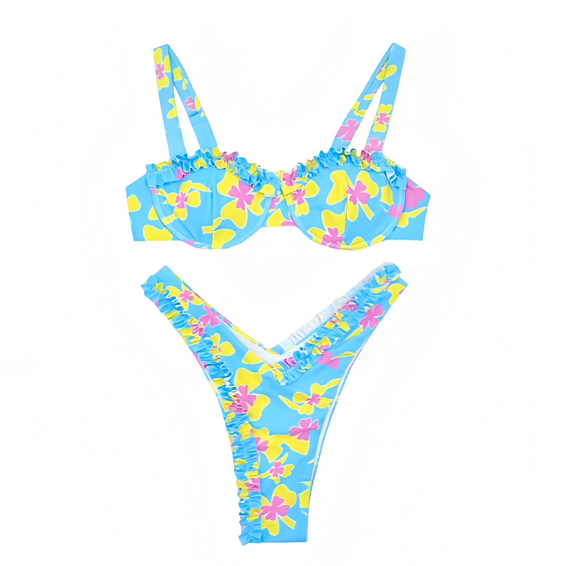 Kailani Multi-Color Floral Print Ruffle Trim Underwire 2 Piece Bikini ...