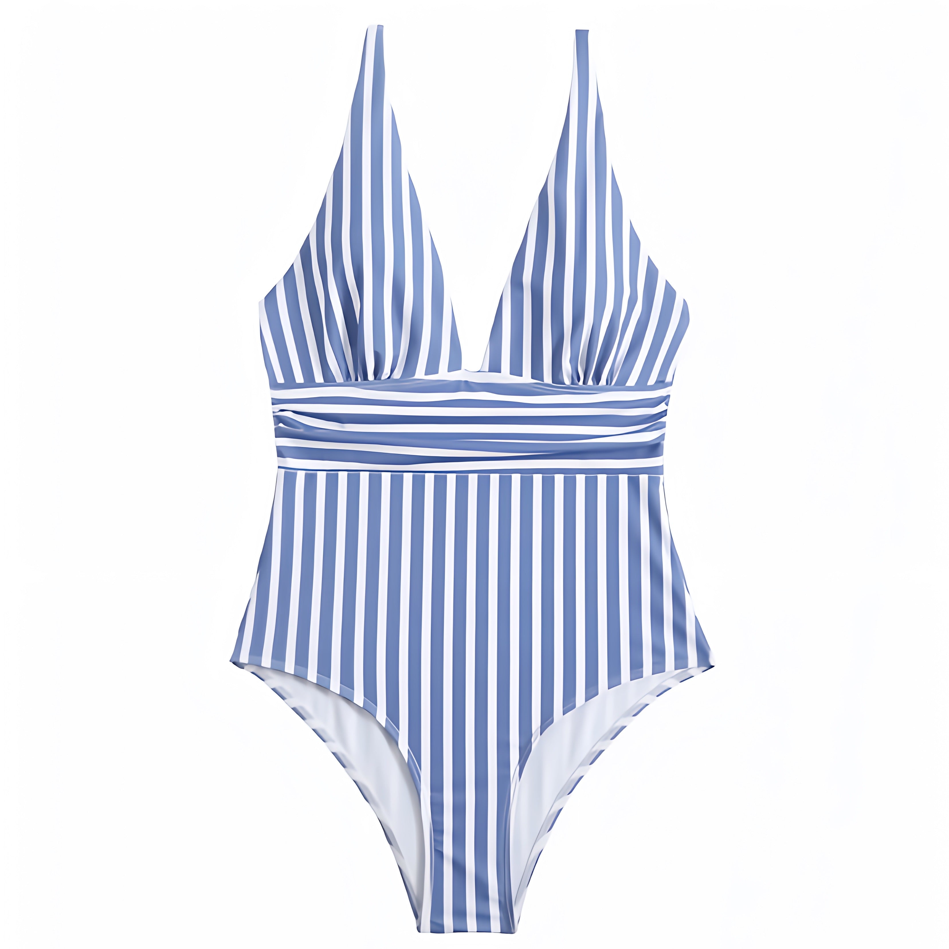 Sag Harbor Light Blue Striped Seersucker V Neck One Piece Swimsuit