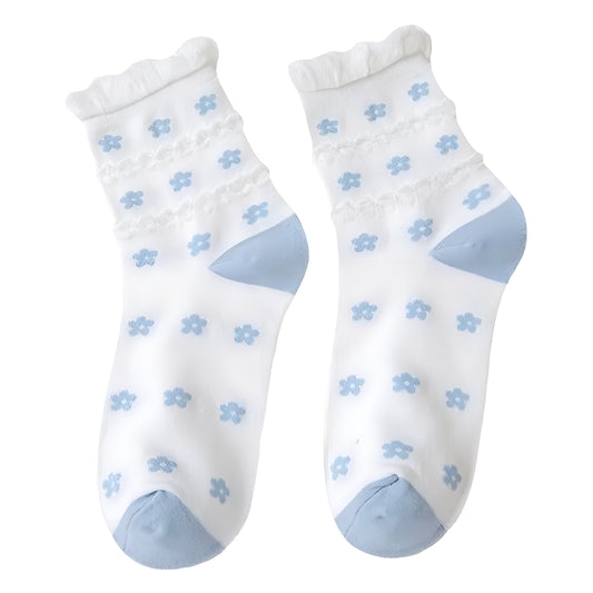 Light Blue Flowers Ruffled Cotton Long Socks