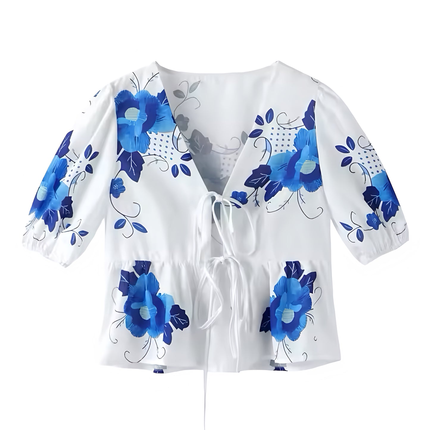 Dark Blue Floral Print Bow Lace Up Short Puff Sleeve Camisole Blouse Top