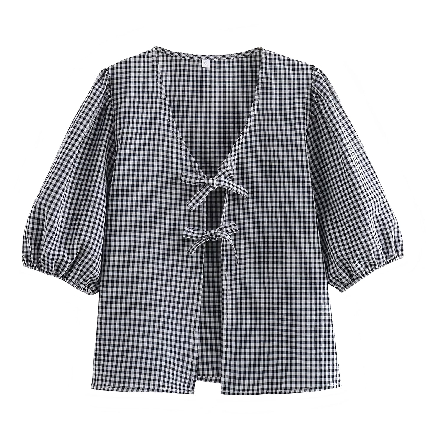 Black Gingham Bow Lace Up Short Puff Sleeve Blouse Top