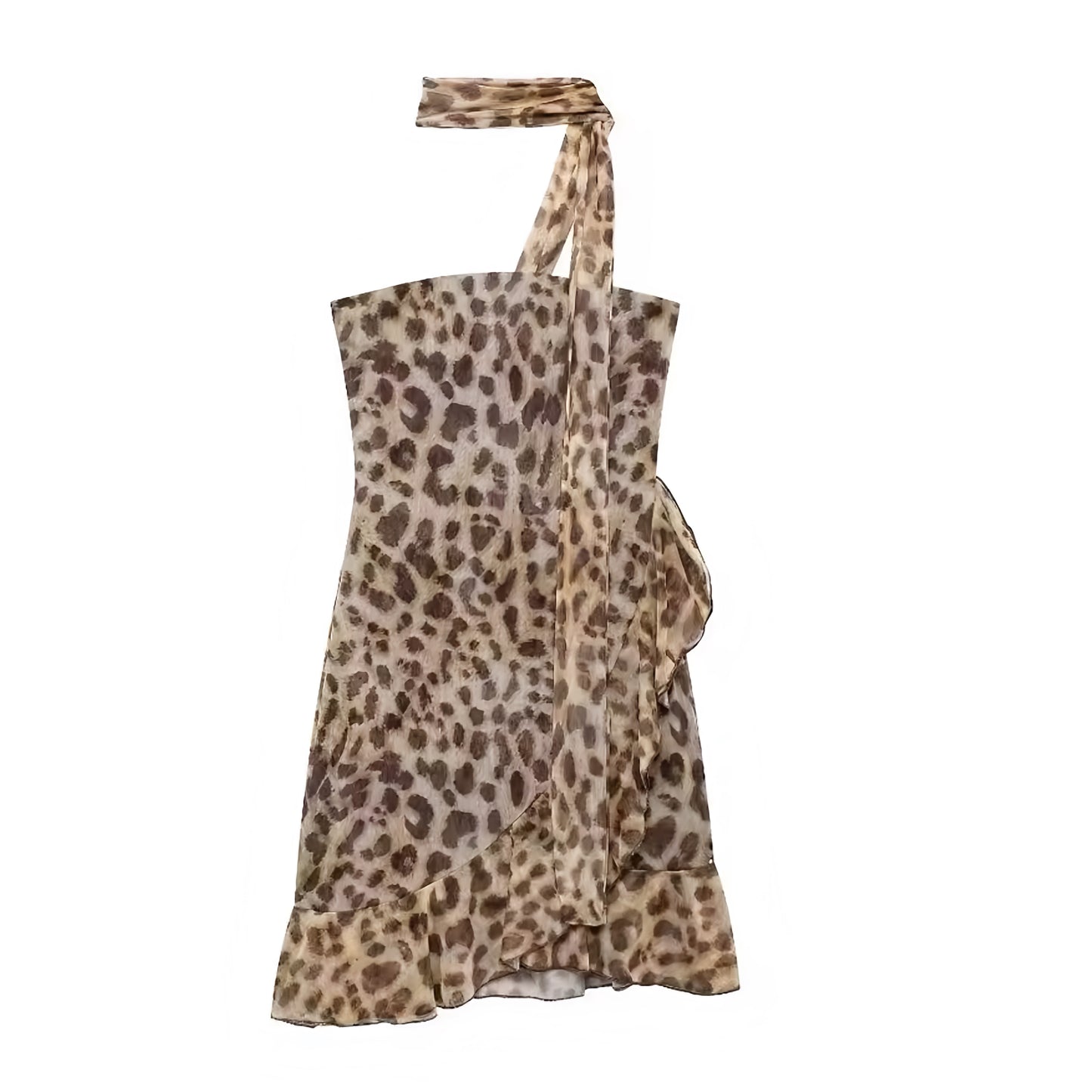 Leopard Print Bodycon Ruffle Trim Sleeveless Halter Mini Dress With Scarf