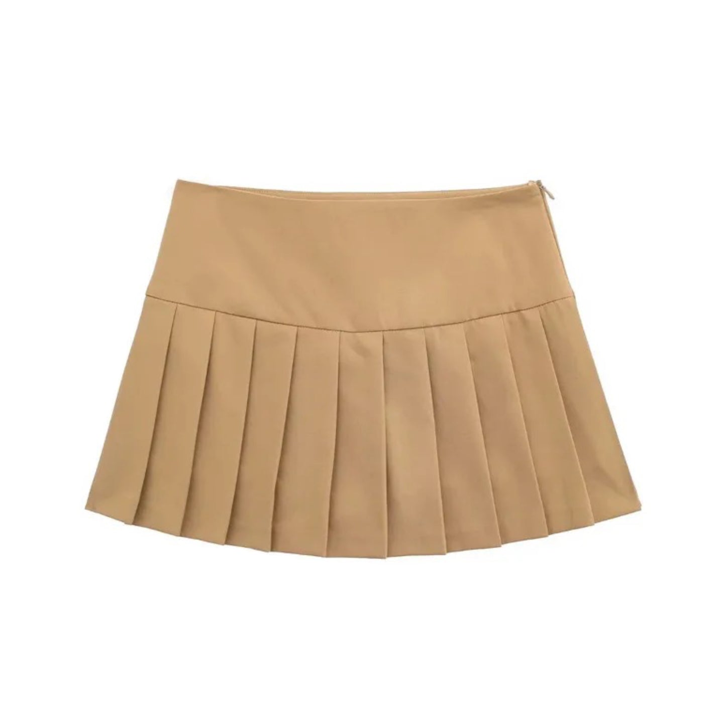 Khaki Low Waisted Pleated Mini Skirt