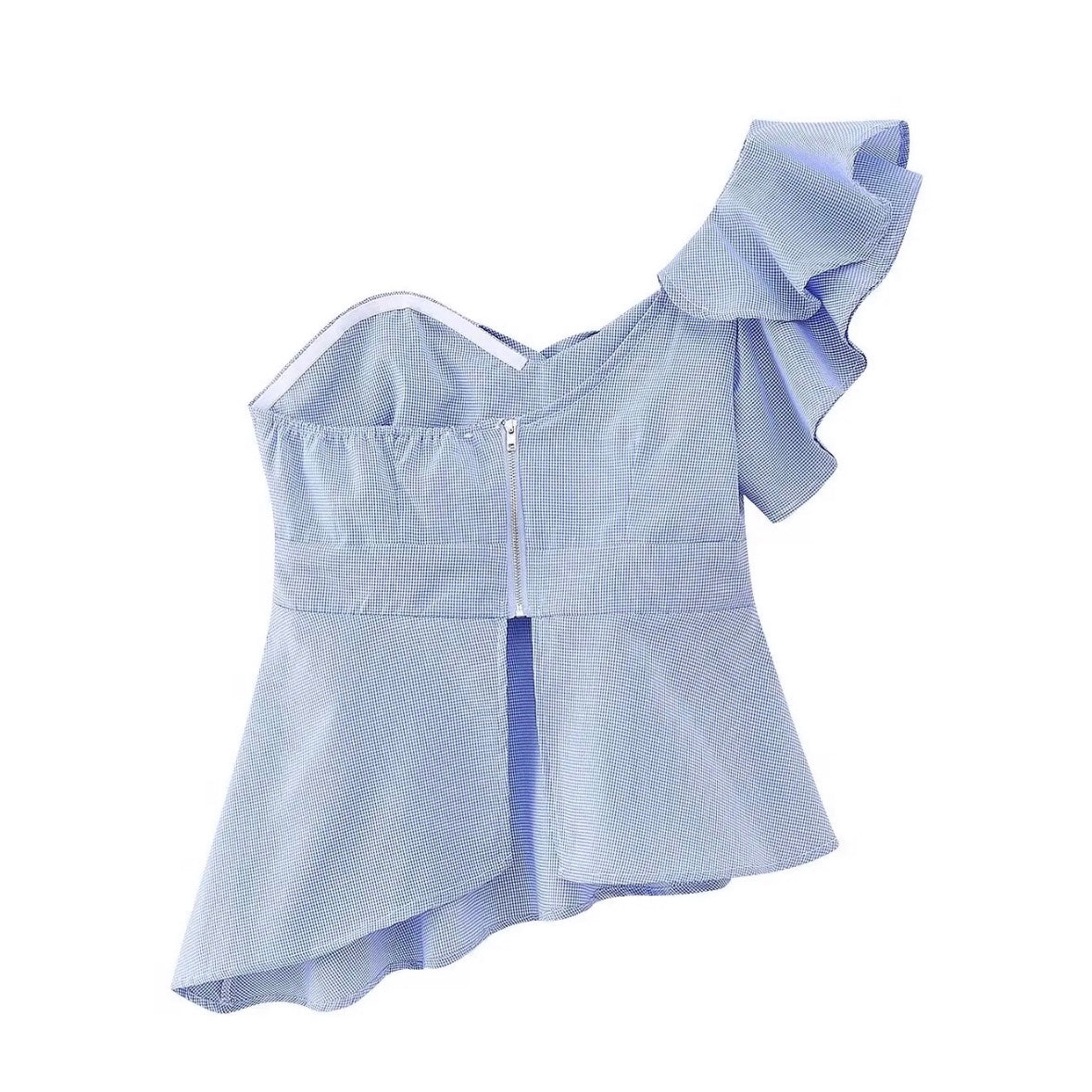 Light Blue Gingham Slim Fit Ruffle Trim Asymmetric Puff Sleeve Camisole Top