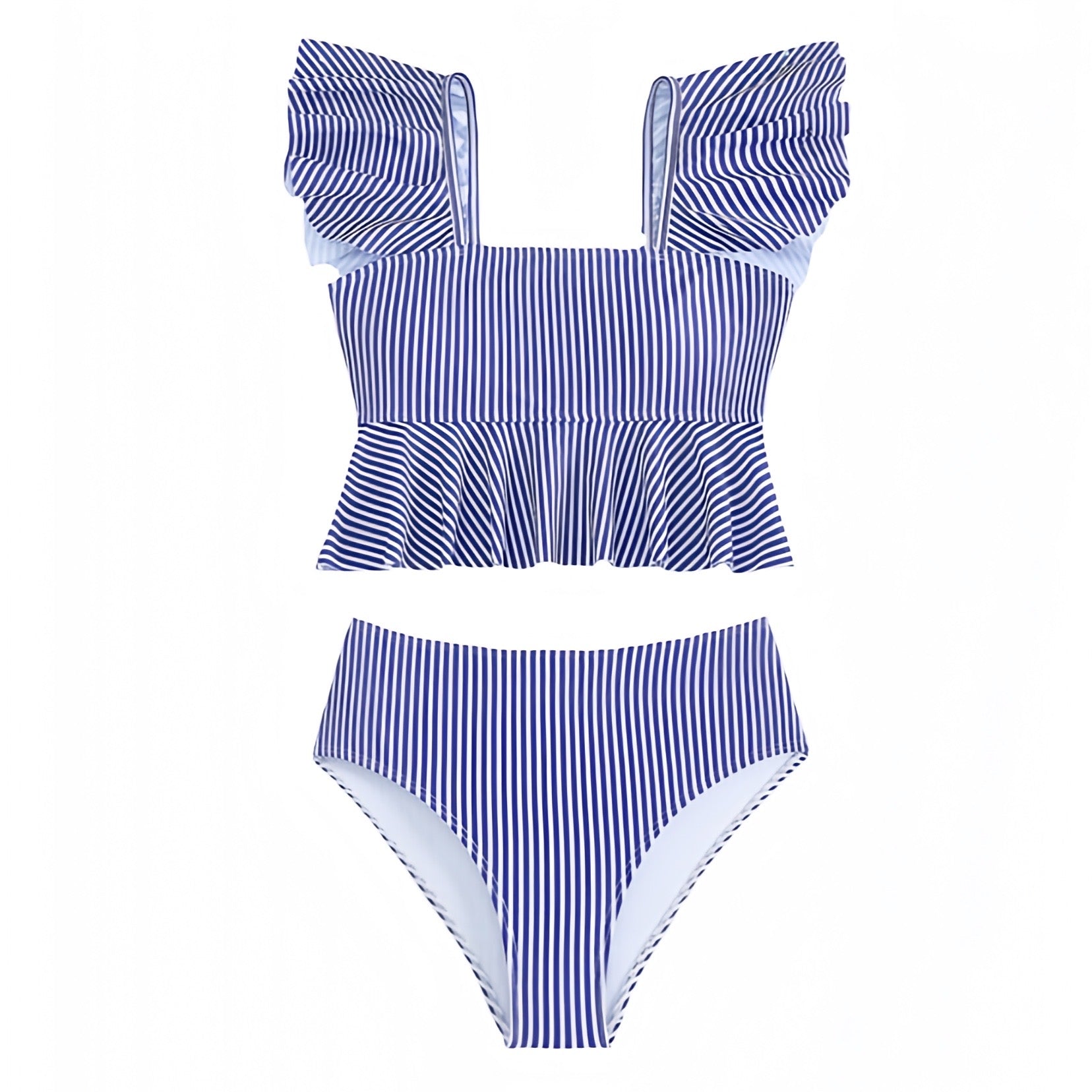 dark-navy-blue-and-white-striped-seersucker-print-patterned-layered-ruffle-trim-spaghetti-strap-short-puff-sleeve-bandeau-push-up-wireless-bikini-set-two-piece-swimsuit-swimwear-top-bottoms-bathing-suit-thong-cheecky-spring-2024-summer-chic-trendy-women-ladies-elegant-classy-preppy-style-coastal-granddaughter-beach-wear-european-vacation-revolve-hill-house-minow-fillyboo-serena-lily