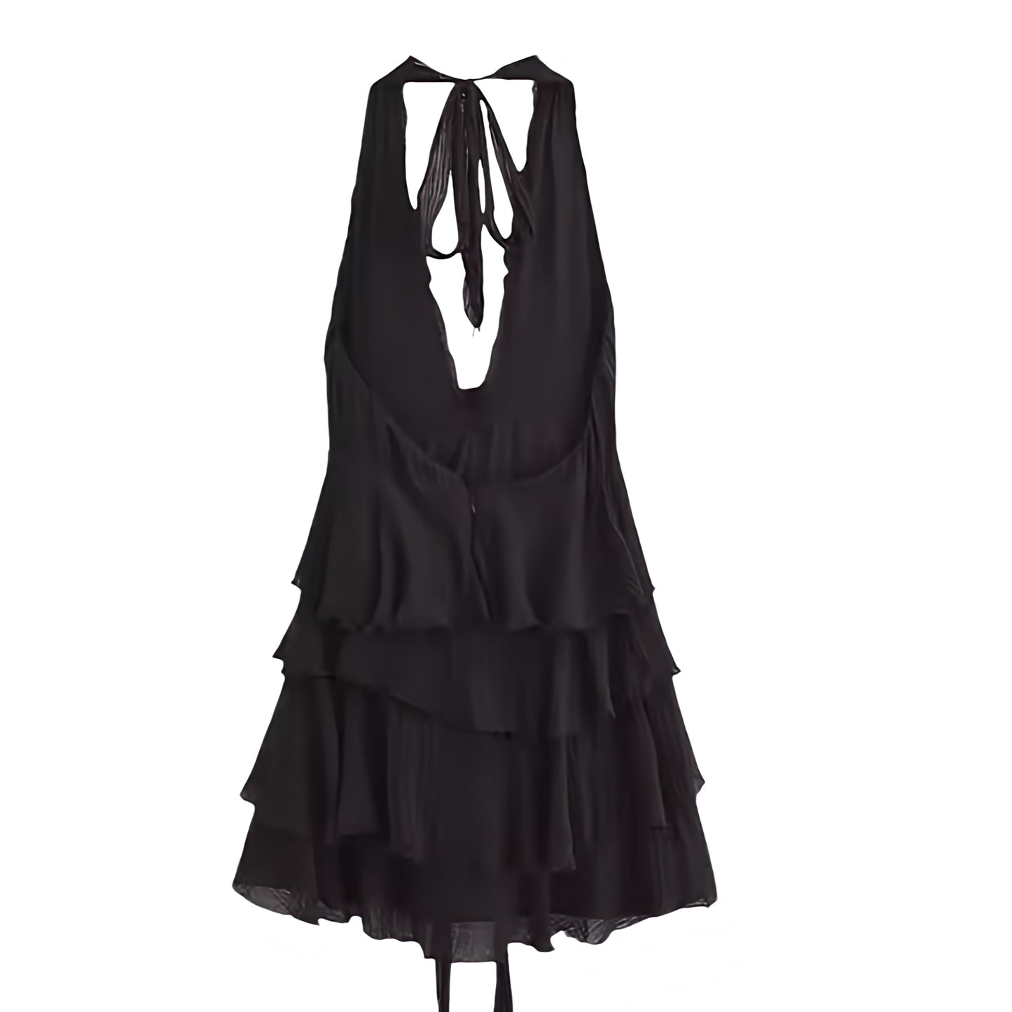 Black 3D Flower V-Neck Layered Ruffle Trim Backless Halter Mini Dress