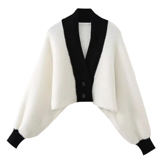 White & Black Lined Knit Oversized Cropped Cardigan