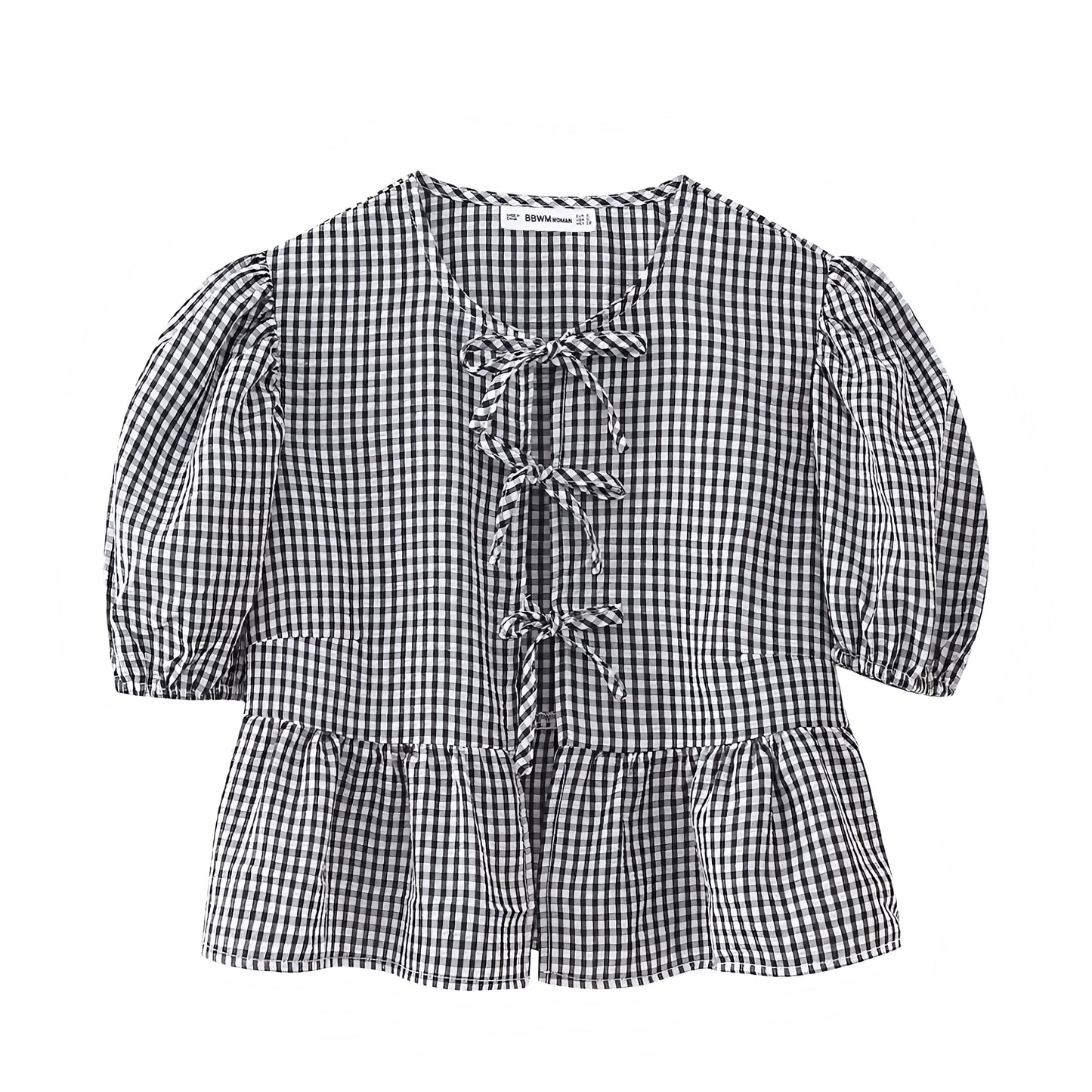 Black Gingham Bow Lace Up Short Puff Sleeve Camisole Blouse Top