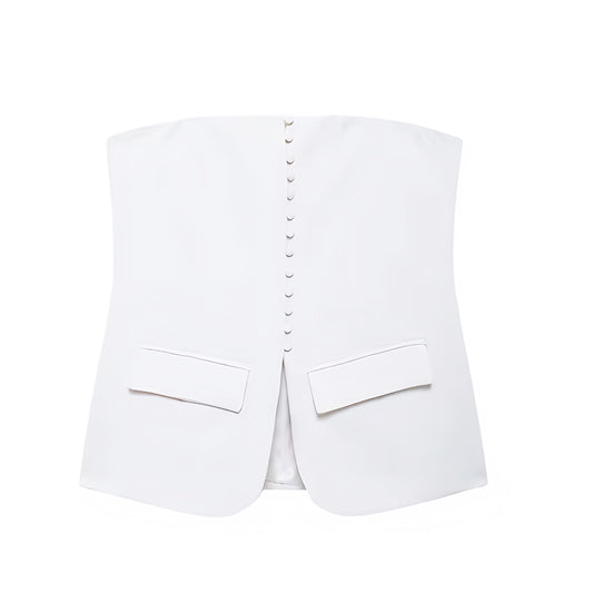 White Strapless Button-Down Corset Cinched Tube Top