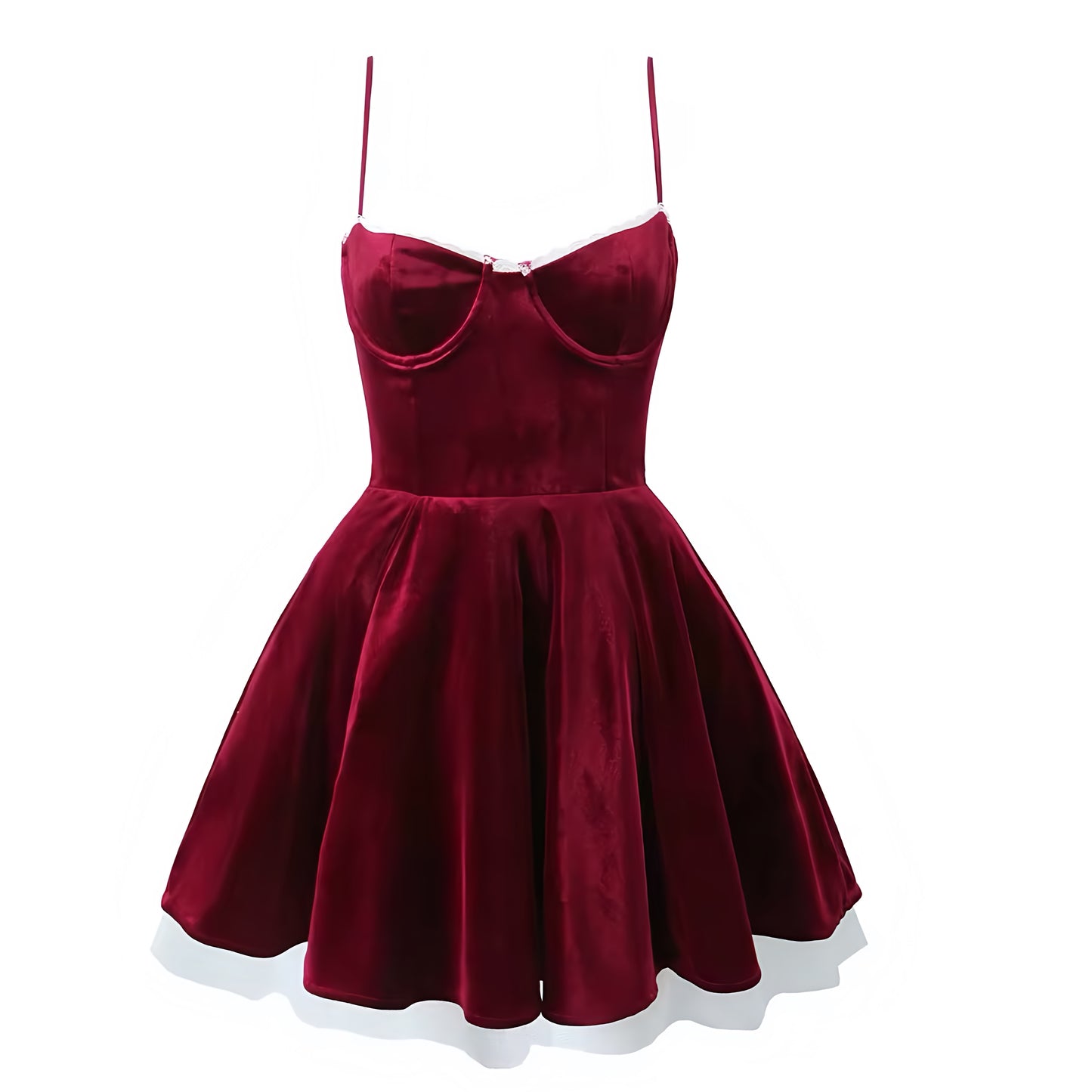 Red Velvet Lace Trim Spaghetti Strap Corset Drop Waist Mini Dress