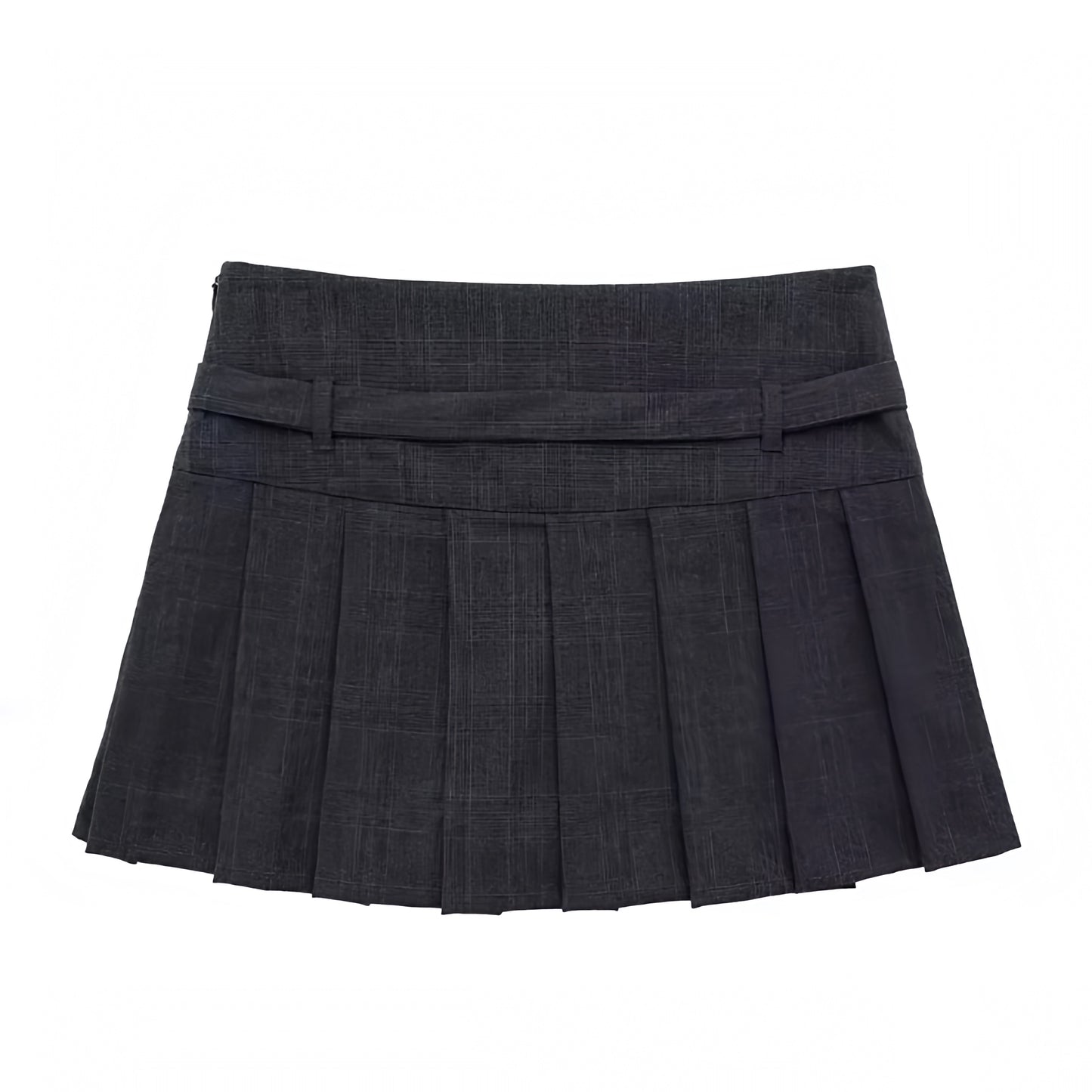 Black Plaid Slim Low-Rise Pleated Mini Skirt With Belt