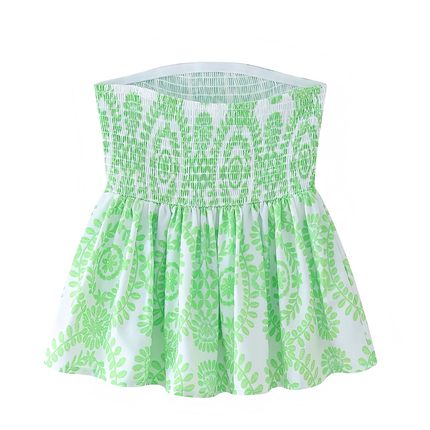 Neon Green Floral Embroidered Smocked Strapless Camisole Top