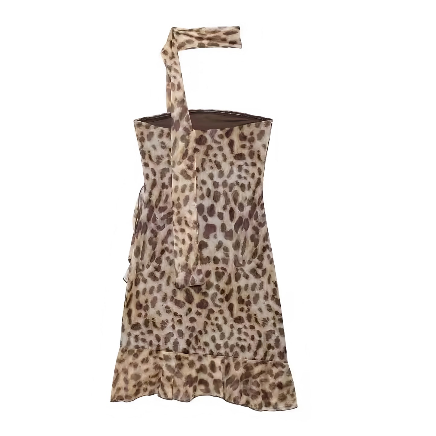 Leopard Print Bodycon Ruffle Trim Sleeveless Halter Mini Dress With Scarf