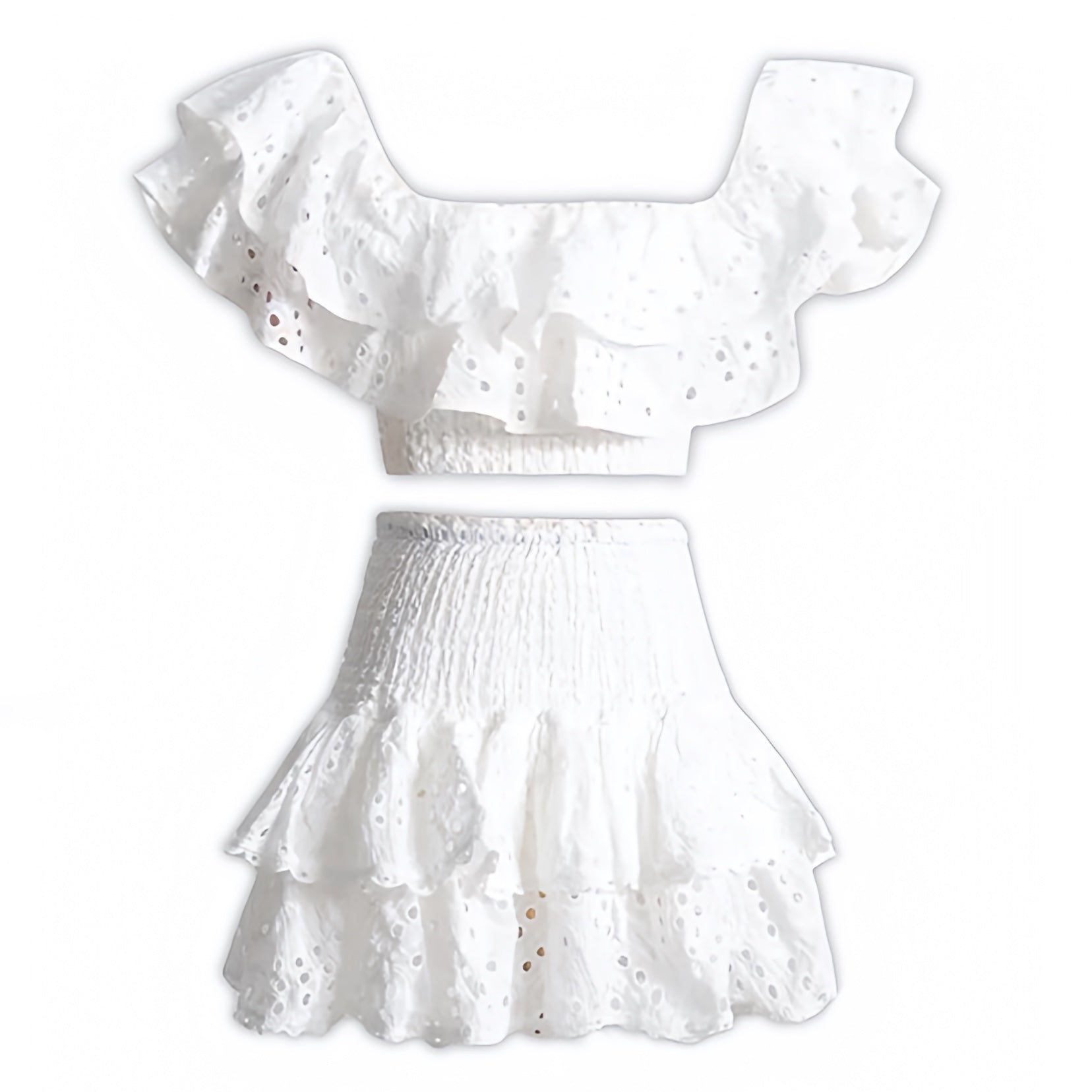 white-ivory-eyelet-embroidered-scalloped-broderie-anglaise-patterned-layered-ruffle-smocked-tiered-shirred-bodice-fitted-waist-bodycon-slim-fit-short-sleeve-off-shoulder-square-neck-line-crop-top-blouse-mini-skirt-2-piece-dress-set-couture-women-ladies-spring-2024-summer-chic-trendy-elegant-casual-semi-formal-feminine-classy-preppy-style-party-prom-european-beach-wear-vacation-sundress-gown-charo-ruiz-zimmerman-revolve-loveshackfancy-fillyboo-cb-positano-dupe