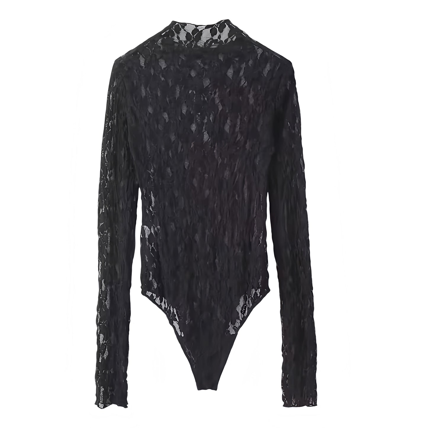 Black Lace Bodycon Long Sleeve Translucent Turtleneck Bodysuit & Low-Rise Flare Pants 2 Piece Set