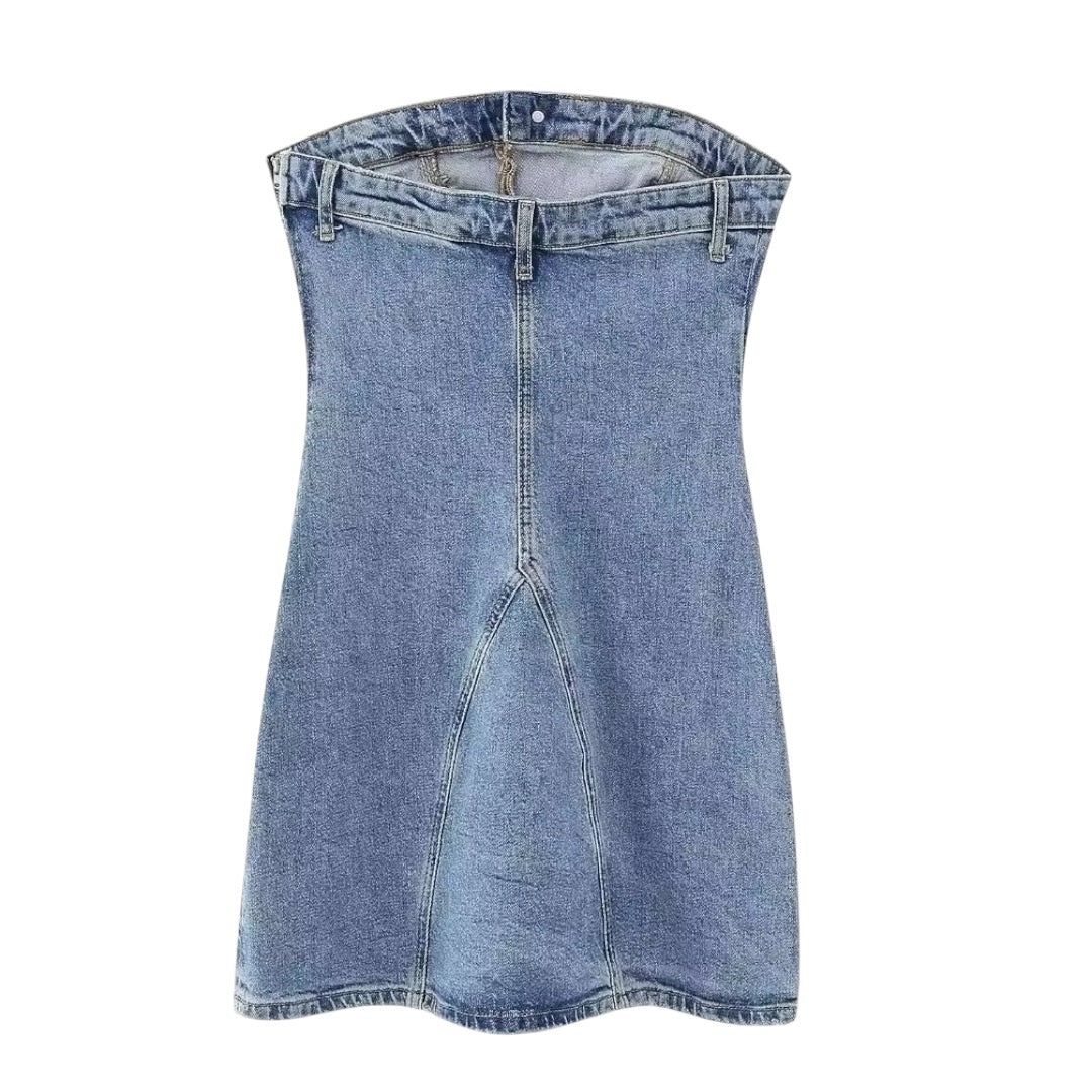 Light Wash Blue Faded Vintage Asymmetric Bodycon Strapless Denim Mini Dress