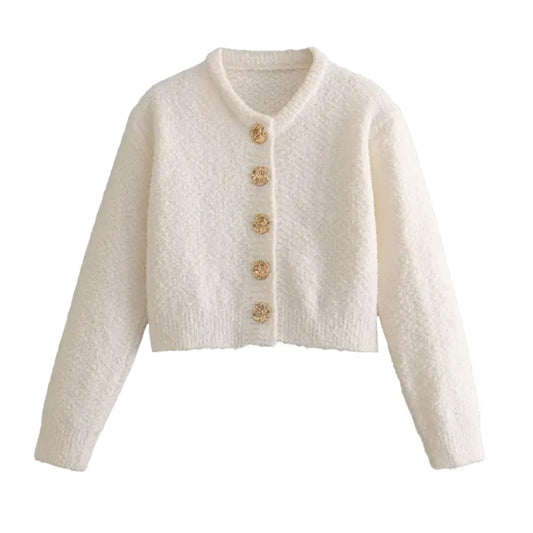 White Knit Gold Button Cropped Cardigan Sweater