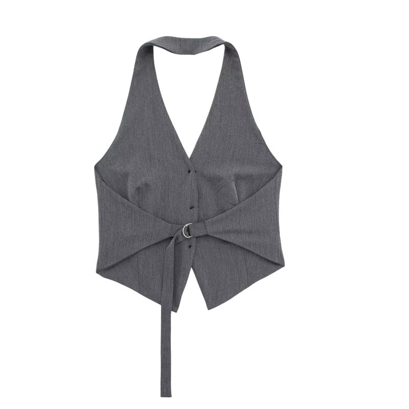 Dark Grey Slim Fit Backless Halter Vest Top