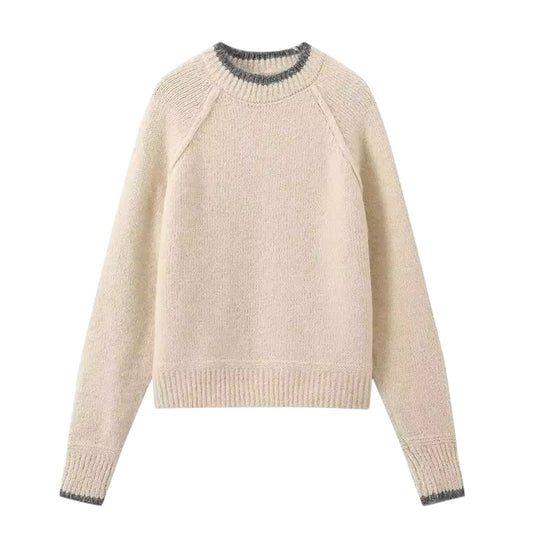 Beige Knitted Long Sleeve Inside-Out Pullover Sweater