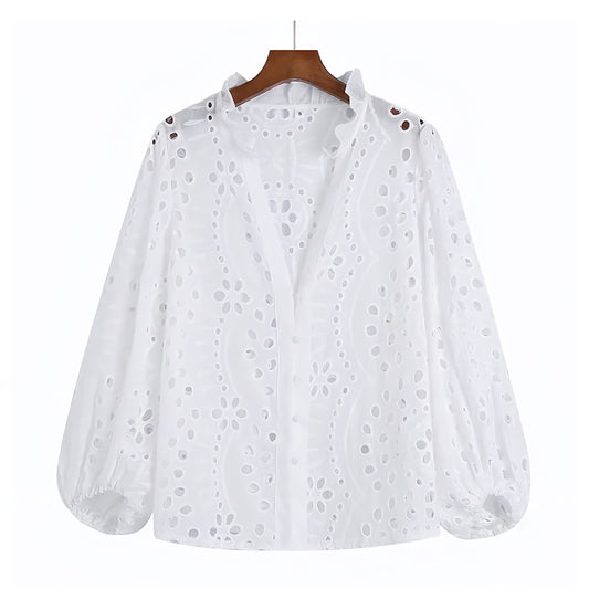 White Floral Eyelet Embroidered V-Neck Button Down Long Sleeve Blouse