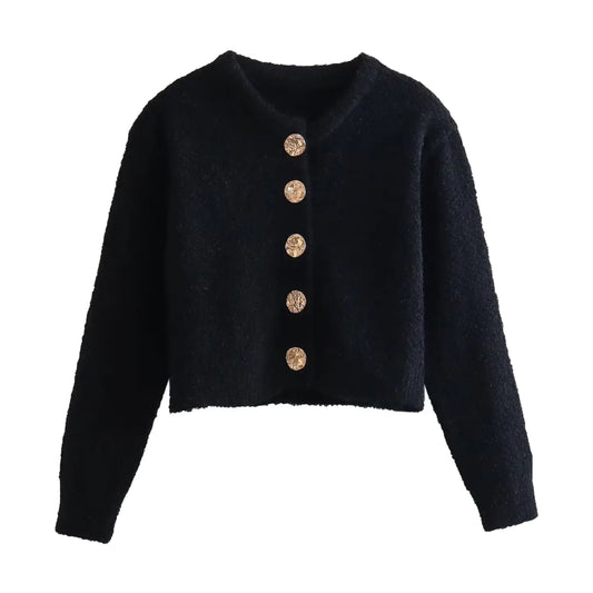 Black Knit Gold Button Cropped Cardigan Sweater