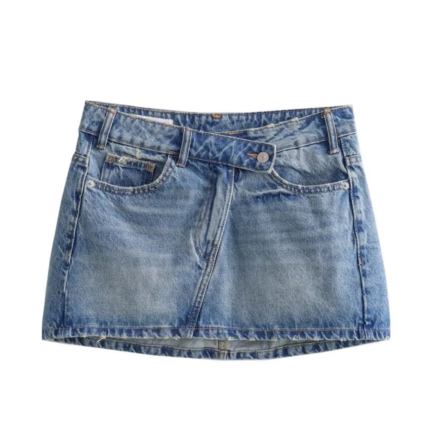 Dark Blue Faded Vintage Asymmetric Slim Fit Low-Rise Denim Mini Skirt ...