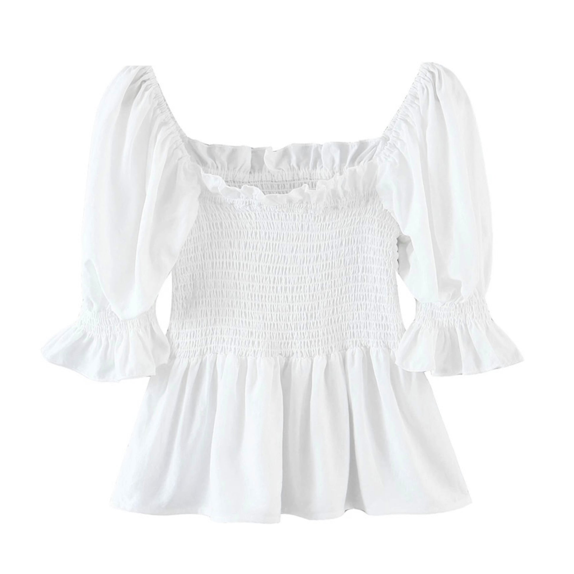 white-slim-fitted-smocked-shirred-bodice-fit-and-flare-ruffle-trim-short-puff-sleeve-square-neckline-tiered-linen-boho-bohemian-full-length-hip-camisole-top-blouse-shirt-women-ladies-teens-tweens-chic-trendy-spring-2024-summer-elegant-casual-feminine-classy-classic-preppy-coastal-granddaughter-grandmillennial-european-vacation-beach-wear-stockholm-style-tops-altard-state-zara-revolve-subdued-aritzia-loveshackfancy-dupe