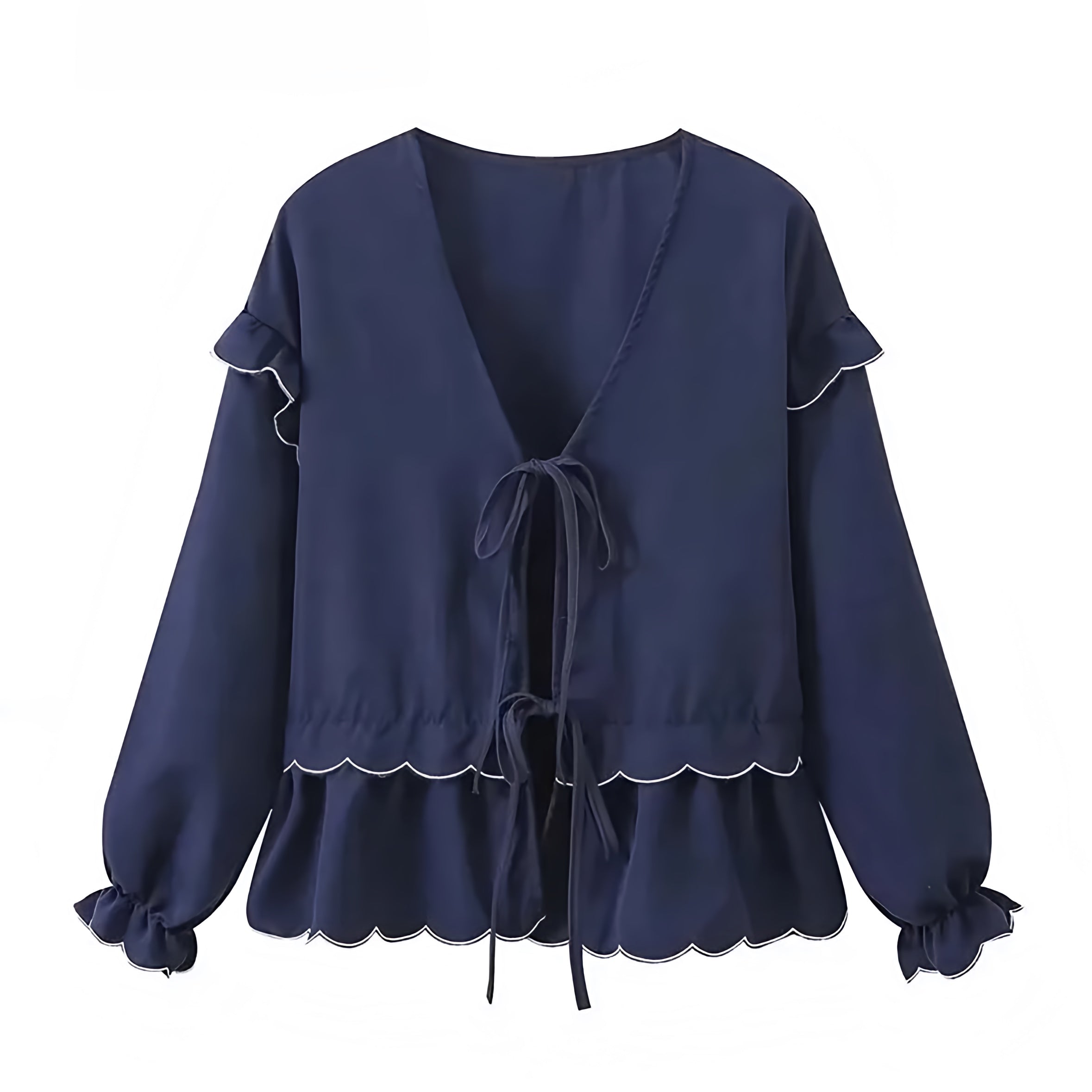 Navy Blue Bow Lace-Up Ruffle Trim V-Neck Long Sleeve Blouse Top – DAZEY ...