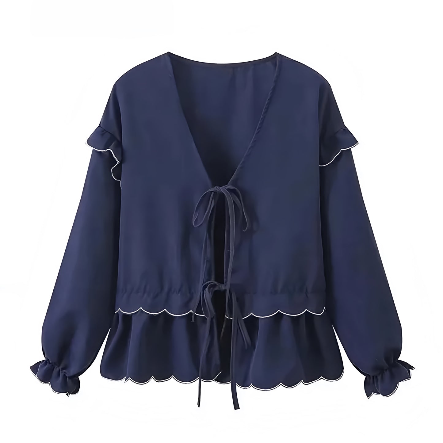 Navy Blue Bow Lace-Up Ruffle Trim V-Neck Long Sleeve Blouse Top