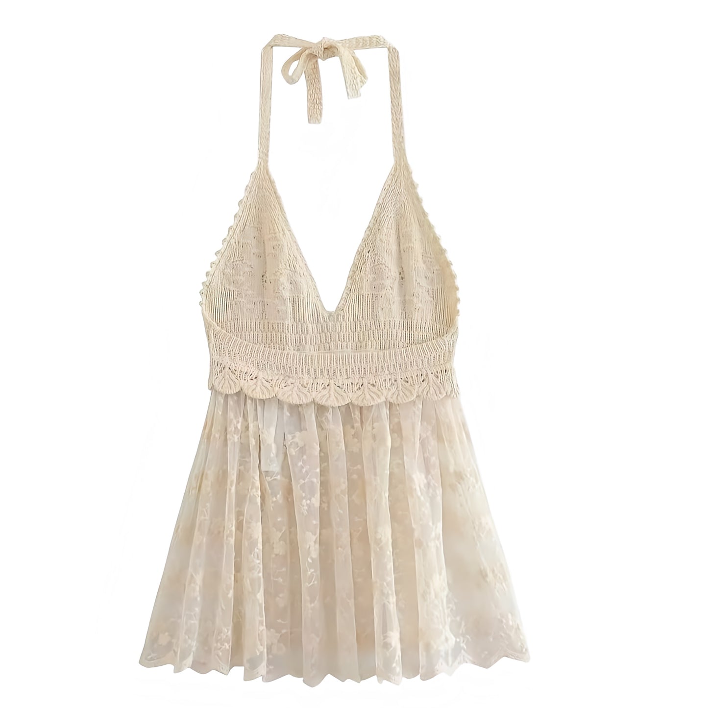 Beige Floral Crochet Eyelet Embroidery Lace V-Neck Sleeveless Halter Mini Dress