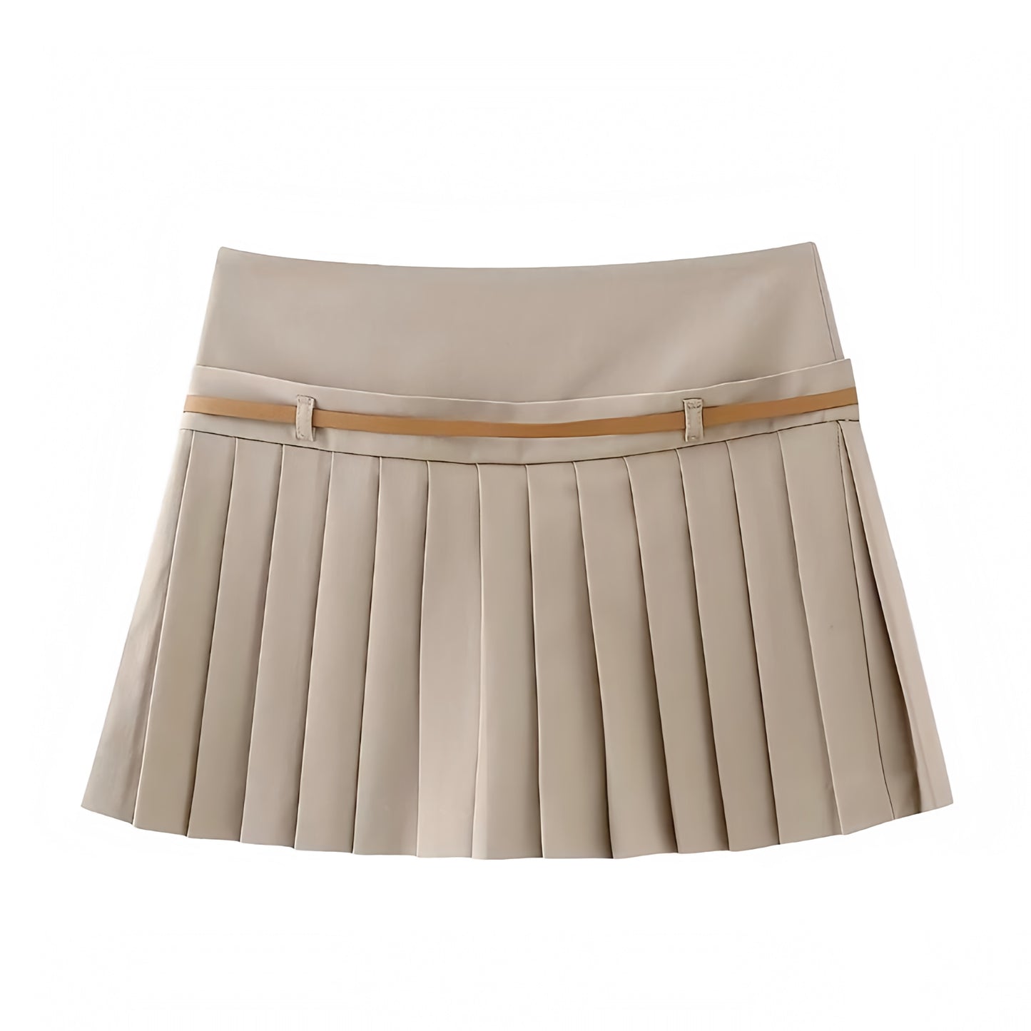 Light Khaki Slim Low-Rise Pleated Mini Skirt With Belt