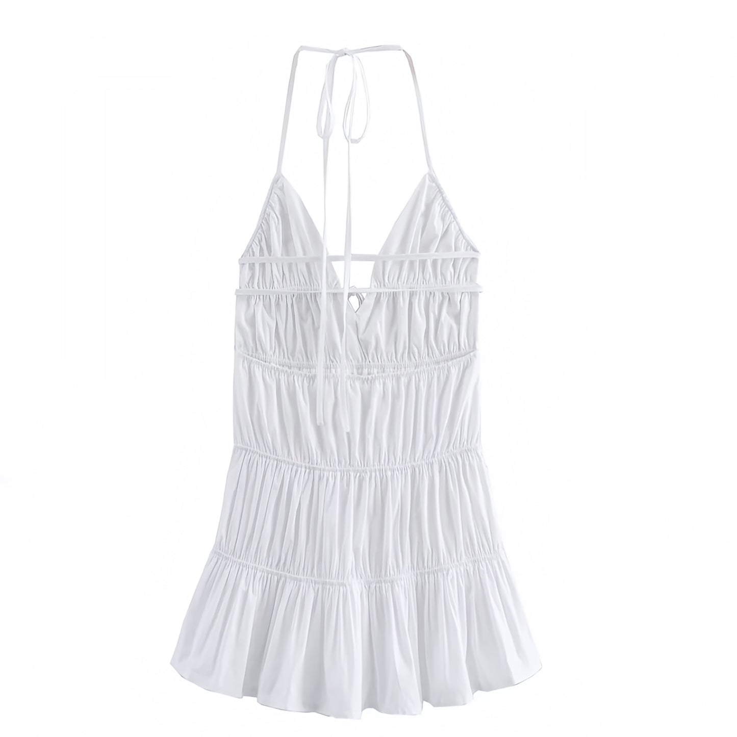 White Bodycon Shirred Tiered V-Neck Spaghetti Strap Backless Mini Dress